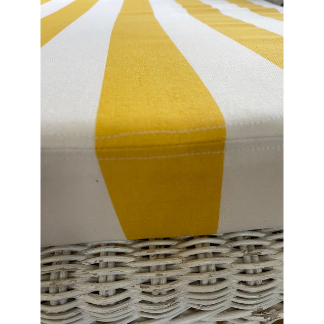 Vintage Victorian White Wicker Chaise Lounge With Yellow Cabana Stripe