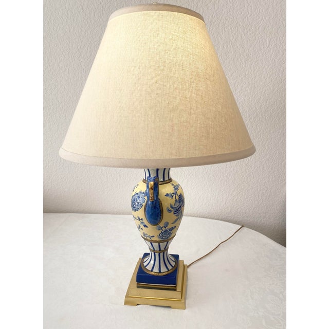 Late 20th Century Exquisite Blue, Yellow, & White Floral & Striped Porcelain/Ceramic Urn/Vase Style Solid Brass Base & Upper Lamp Excellent Condition. For Sale - Image 12 of 14