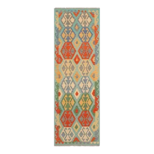 Abstract Kilim Blue Rust Hand Woven Rug - 2'9" X 9'5"