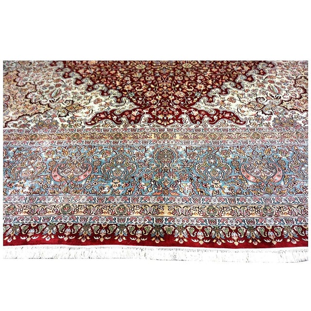 Textile Vintage Kashmiri Tabriz Silk 9x12 Red, Ivory & Light Blue Handmade Area Rug #1144057 For Sale - Image 7 of 15