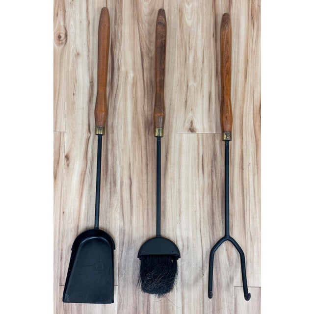 Wood Vintage MCM Teak and Iron Fireplace Tools and Stand For Sale - Image 7 of 9