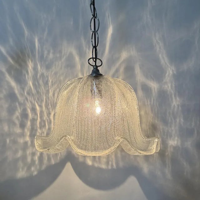 Metal Mid-Century Bell-Shaped Ice Glass and Chrome Pendant Light, 1970s For Sale - Image 7 of 18