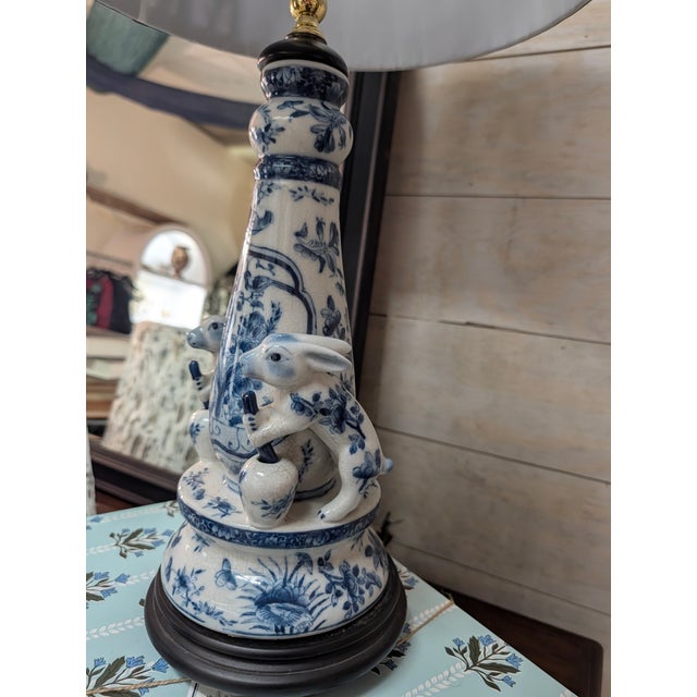 1950s Whimsical Vintage Blue & White Porcelain Rabbit Figural Table Lamp For Sale - Image 9 of 10