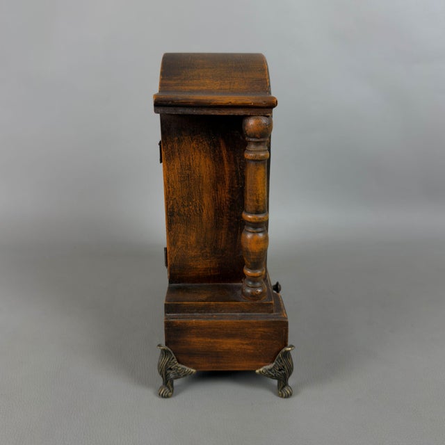 Vintage Table Clock Support Pendulum Temple Wood Columns Drawer For Sale - Image 3 of 11