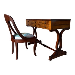 Vintage Grosfeld House Mahogany Vanity Desk With Flip-Top Mirror, Floral Marquetry & Matching Chair For Sale