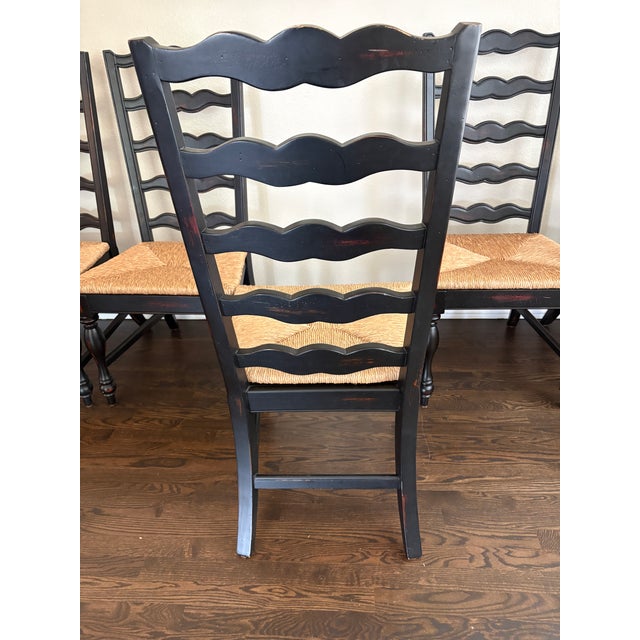 French Country Black Ladder-Back Dining Chairs With Woven Seats (Set of 8) For Sale - Image 9 of 9