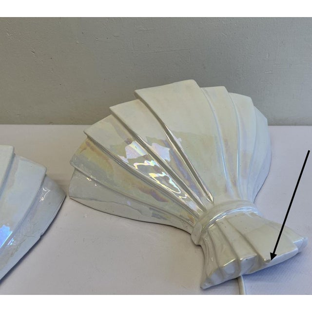 Fan Shaped Pearl Glazed Ceramic Wall Lamps, 1950s, Set of 2 For Sale - Image 9 of 13