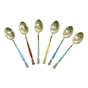 1902 Antique English Art Deco Henry Clifford Davis Sterling Enamel Spoons - Set of 6.