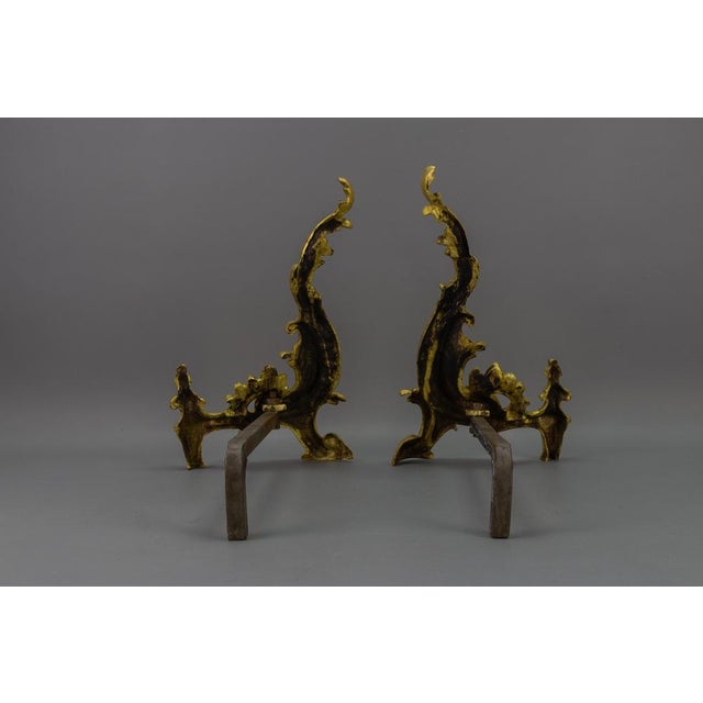 French Rococo Style Gilt Bronze and Iron Firedogs, 1890s, Set of 2 For Sale - Image 11 of 18