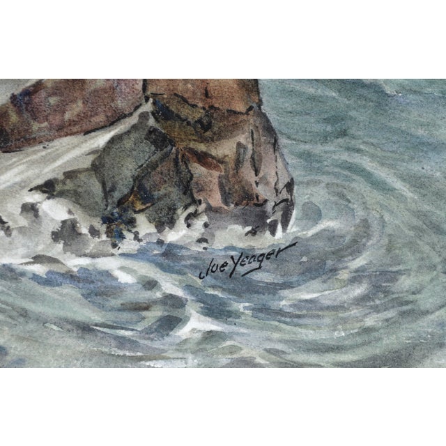 Seascape of waves crashing against a large rock by Joseph Yeager (early-mid 20th Century) on heavy bond watercolor paper...