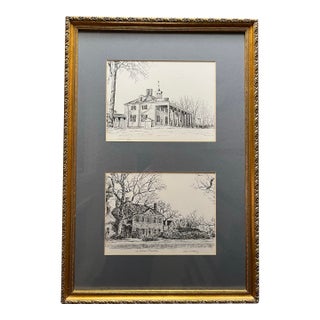 1970s Framed Prints of Virginia Woodlawn Plantation & Mount Vernon Etchings by Acclaimed Architectural Portraitist, Bulent Atalay For Sale