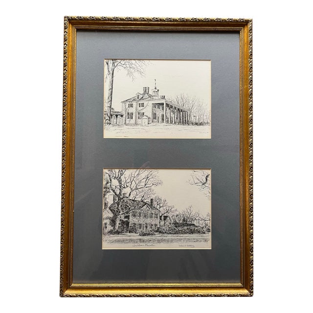 1970s Framed Prints of Virginia Woodlawn Plantation & Mount Vernon Etchings by Acclaimed Architectural Portraitist, Bulent Atalay For Sale