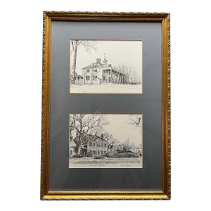 1970s Framed Prints of Virginia Woodlawn Plantation & Mount Vernon Etchings by Acclaimed Architectural Portraitist, Bulent Atalay