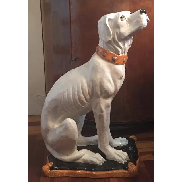 Large Hollywood Regency Glazed Terracotta Majolica Dog Statue For Sale - Image 12 of 13