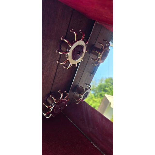 Vintage Wooden Jewelry Armoire With Etched Glass Doors & Red Velvet Lined Interior For Sale - Image 6 of 16