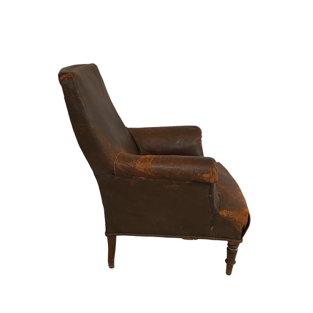 French Early 20th Century 2 French Leather Club Chairs With Ottoman For Sale - Image 3 of 11