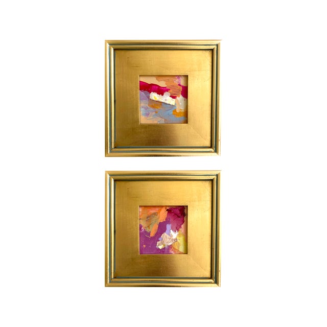 Two original mini paintings by Jessalin Beutler in a set with matching gold frames. Artwork is mixed media on canvas...