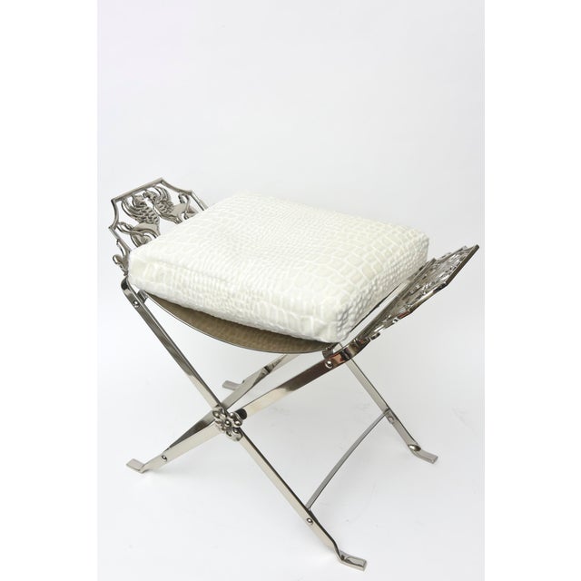 Mid-Century Modern Vintage Art Deco Nickel Silver Griffin and Gargoyle Bench With Off White Cushion ,Style of Oscar Bach For Sale - Image 3 of 10