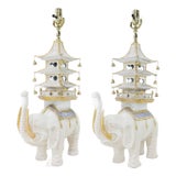 Pair of Vintage Hand-Painted White and Gold Elephant Table Lamps With Tiered Pagoda Tops For Sale