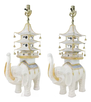 Pair of Vintage Hand-Painted White and Gold Elephant Table Lamps With Tiered Pagoda Tops