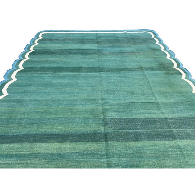 Forest Green Handmade Cotton Area Vegetable Dyed Rug, Forest Green, Cream and Teal Blue Scalloped Dhurrie - 12'x15' For Sale - Image 8 of 10