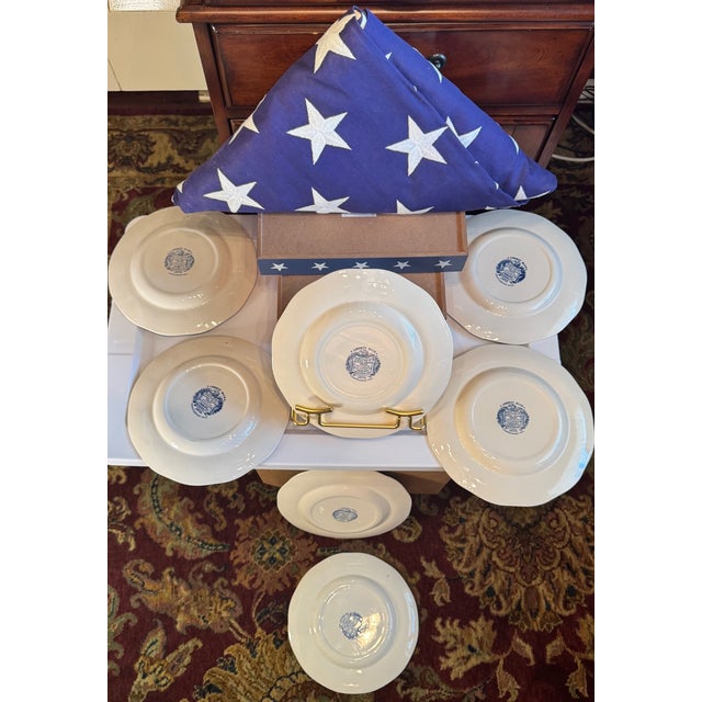 1970s Liberty Blue “Independence Hall” Ironstone Plates | English Transferware Americana Wall Collection - Set of 7 For Sale - Image 13 of 14