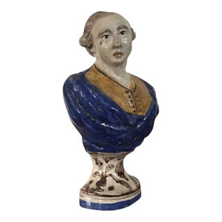 Antique 18th Century Italian Deruta Tin Glaze Faience Bust of a Nobleman on a Faux Marble Socle Base For Sale