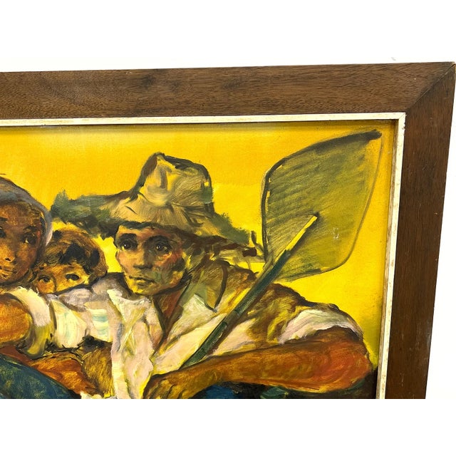 Field Worker sitting with Woman and Child. Rich color palette. Illegibly Signed. Dated 69