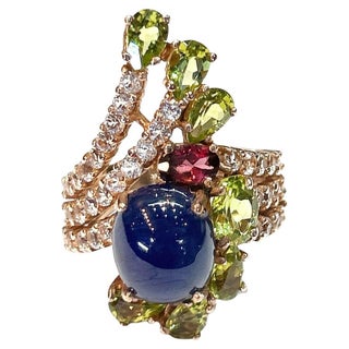 Bochic “Orient” Blue Sapphire & Multi Gem Cocktail Ring In 18K Gold & Silver, Size 7.5 For Sale