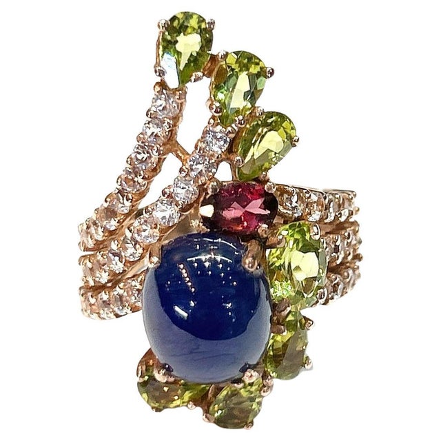 Bochic “Orient” Blue Sapphire & Multi Gem Cocktail Ring In 18K Gold & Silver, Size 7.5 For Sale