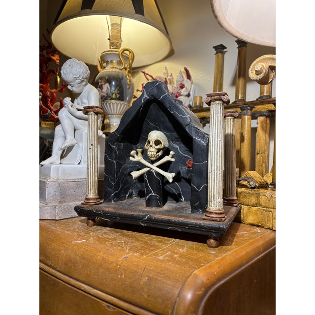 Black An Unusual Memento Mori Handcarved and Painted Shrine With Skull and Bones For Sale - Image 8 of 10