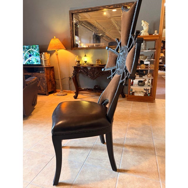 Textile Iron Cross Gothic Accent Chair in Brown Velvet and Leather With Nailhead Trim For Sale - Image 7 of 8