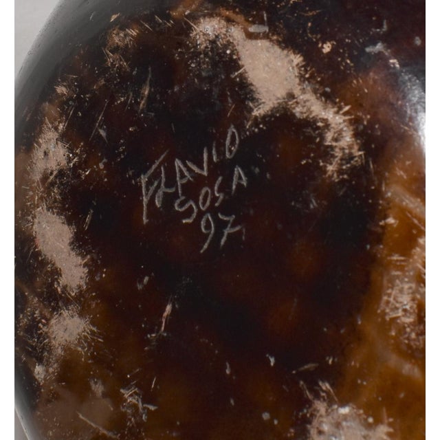 Large Vintage 1997 Folk Art Pottery Chulucanas Peru Round Woman Terracotta Handmade Vessel by Flavio Sosa For Sale - Image 10 of 11