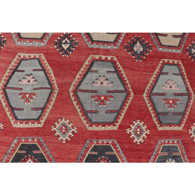 Textile Antique Turkish Kilim Rug With Vibrant Hexagonal Motifs and Rich Red Background 8'8 X 12'2 For Sale - Image 7 of 11