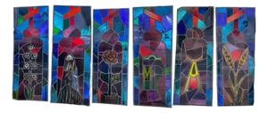 Vintage Art Deco Blue & Red Leaded Stained Glass Church Window W/ Cross - 6 PCS