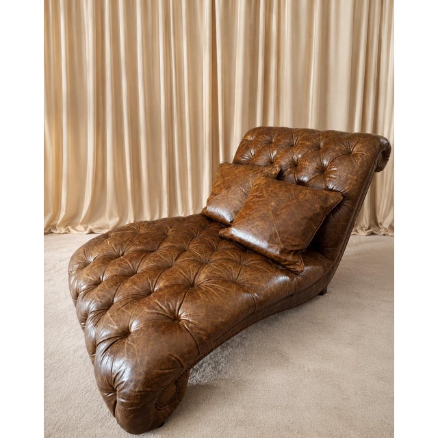 Hollywood Regency Vintage Cognac Leather Chesterfield Chaise Lounge, Attributed to Ralph Lauren Home For Sale - Image 3 of 3