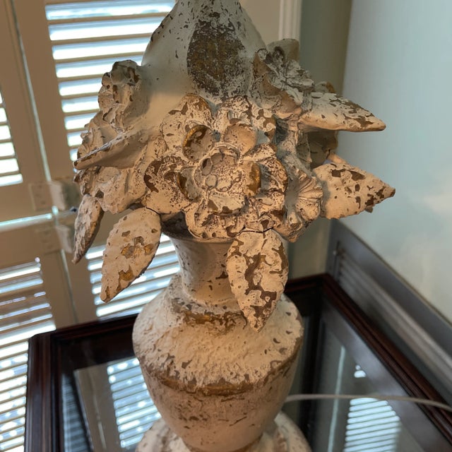 Shabby Chic Distressed Floral Vase Lamp With Metal Shade For Sale - Image 3 of 6