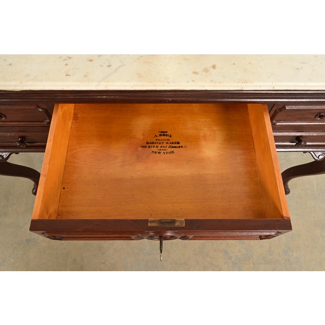 Wood Alexander Roux Antique French Rococo Carved Mahogany and Marble Top Vanity Dressing Table With Mirror, Newly Refinished For Sale - Image 7 of 14