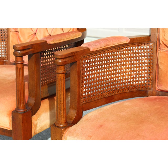 Vintage Tufted Velvet Upholstered Pair of Mid-Century Modern Armchairs With Cane Sides For Sale - Image 12 of 18