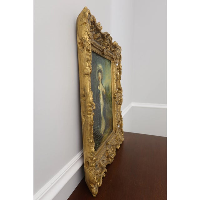 Wood Woman W. Bonnet in Field Framed Oil Painting on Canvas For Sale - Image 7 of 9