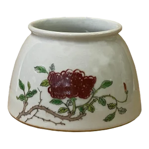 Chinese Off White Porcelain Red Flower Graphic Display Bowl Container