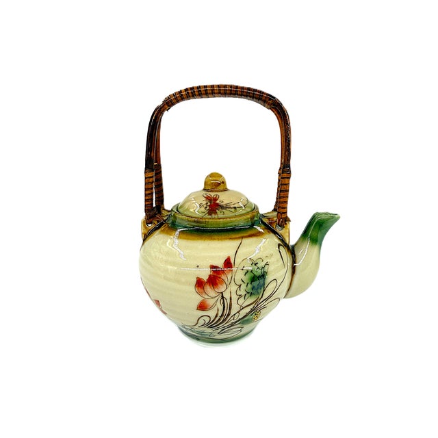 Asian Modern Bat Trang Vietnamese Ceramic Teapot, 6 Teacups & Dessert Tray With Striking Hand Painted Lotus Motif - Set of 8 For Sale - Image 4 of 17
