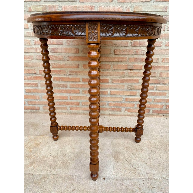 1930s 1930s Spanish Round Carved Wood Side Table With Bobbin Turned Legs For Sale - Image 5 of 10