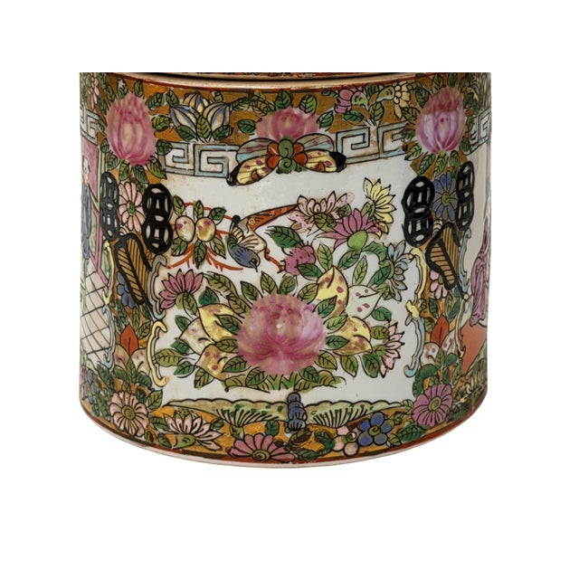 Pink Vintage Chinese Enamel Figural Ground Canton Porcelain Round Container Jar For Sale - Image 8 of 11