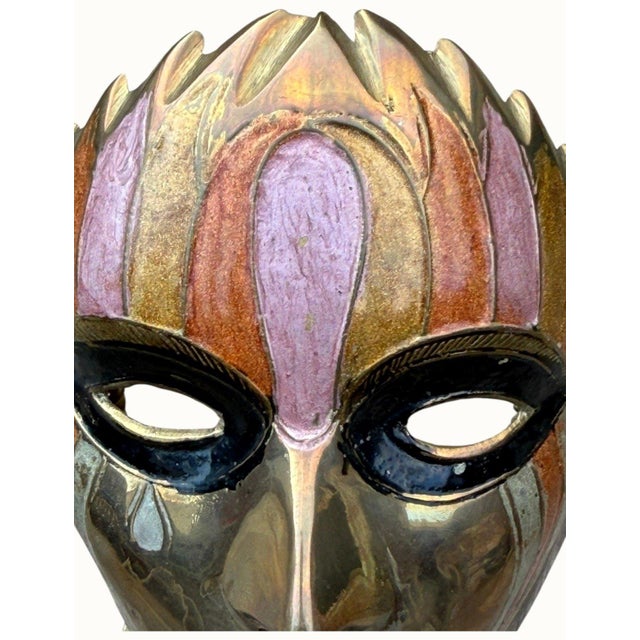 Hollywood Regency Vintage Solid Brass Masquerade Face Mask Hand Painted India Wall Decor 6" For Sale - Image 3 of 5