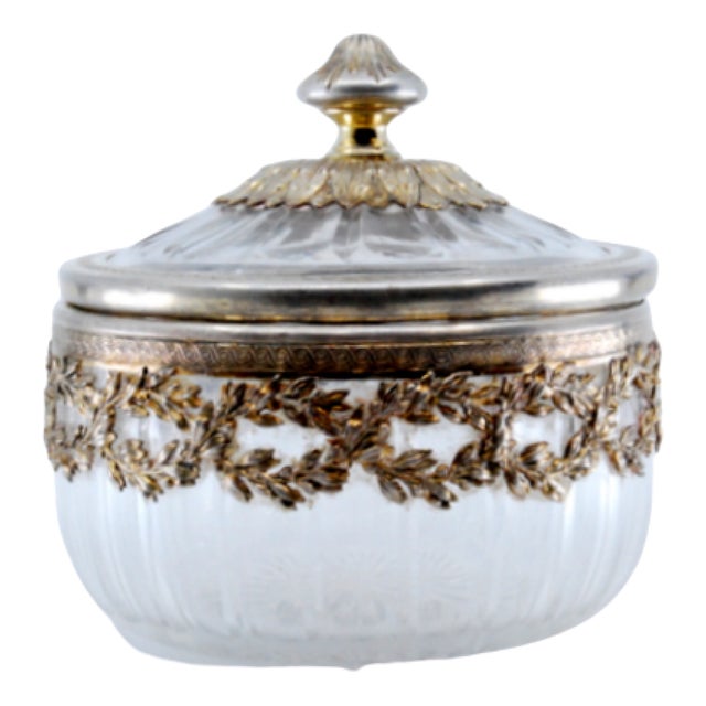 Compote in Cut Glass with Cut Silver Structure and Lid Knob For Sale