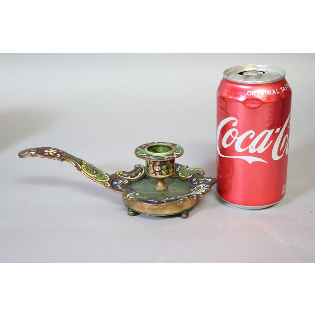 Metal 19th-Century French Champlevé Enamel Gilt Brass Candleholder With Green Onyx Inset For Sale - Image 7 of 8