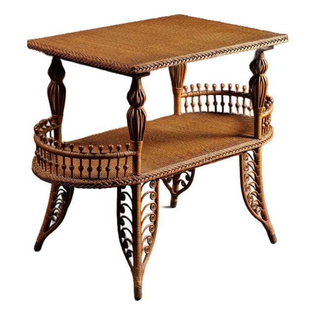 Late 19th Century Victorian Wicker Parlor Table With Gallery Shelf For Sale