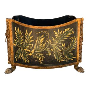 French Neoclassical Black & Gold Cachepot Planter Vase With Lion Heads and Paw Feet