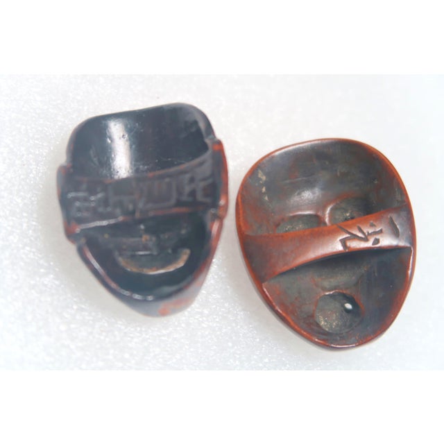 18th Century Antique Carved Japanese Wood Mask Netsukes, Signed Deme Joman and Iko For Sale - Image 5 of 10